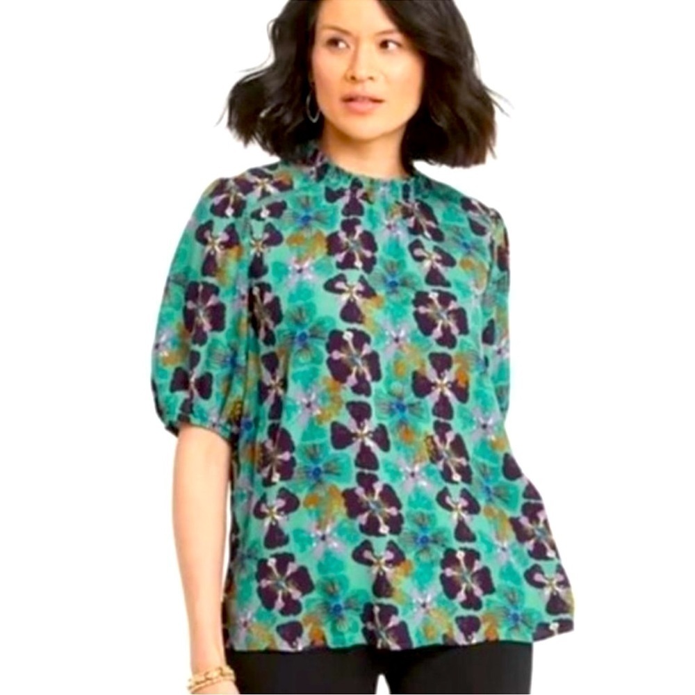 Knox Rose Rayon Green Purple Floral Smock Collar Blouse